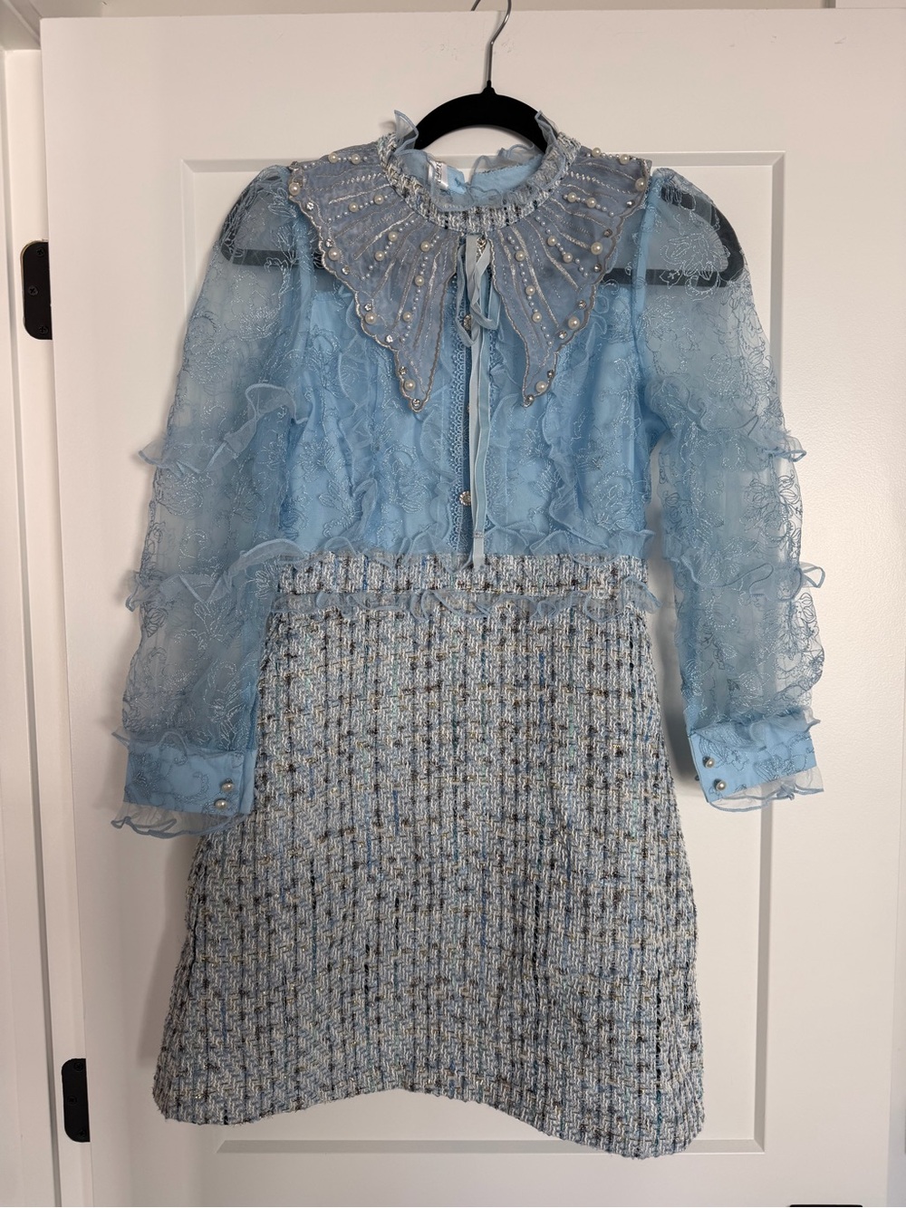 Girls' Light Blue Lace & Tweed Pearl-Trim Formal Dress